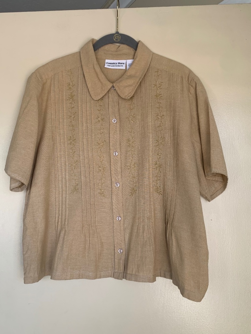 Country Store Embroidered Pintuck Pleated Tan Button Down Shirt XL Cottagecore